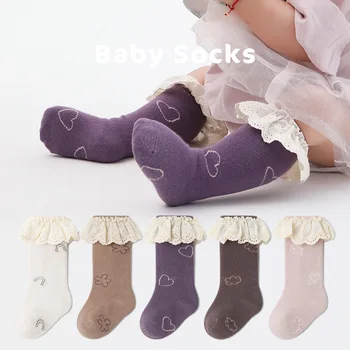 Однотонные детские носки с рюшами, хлопчатобумажные носки для маленьких девочек, мягкие Длинные носки для малышей, детские гольфы принцессы для девочек