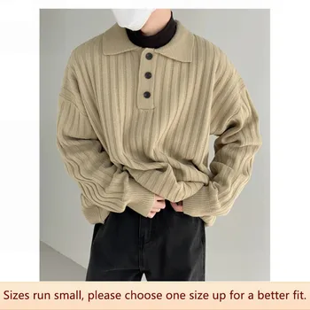 Свободный Повседневный мужской свитер-поло с вырезом горловины, полосатая трикотажная рубашка, осенне-зимняя модная одежда, дышащая ткань, Другие особенности