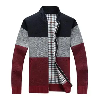 Зимний Толстый мужской вязаный свитер, пальто, кардиган с длинным рукавом, плотный флис, лоскутное шитье контрастных цветов, повседневная куртка с воротником-стойкой