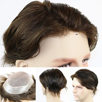 Мужской парик из человеческих волос Парик Моно 130% Плотность Прочный Мужской Протез Парик Для мужчин 6 