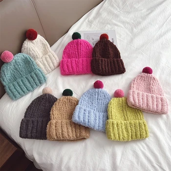 Зимний корейский стиль, детские вязаные шапки из теплой пряжи с шариковой петлей ярких цветов для мальчиков и девочек, толстые универсальные шапки