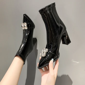 BCEBYL, новая элегантная женская обувь с острым носком и квадратным каблуком, украшенная стразами, Модные износостойкие удобные повседневные ботинки