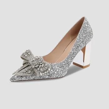 Женские туфли подружки невесты на высоком каблуке с золотым бантом и серебристыми кристаллами, свадебные туфли, тонкие туфли
