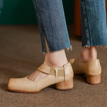 Женская обувь в стиле ретро с квадратным носком, размер 40, обувь для ежедневных прогулок, женские туфли-лодочки из воловьей кожи во французском стиле, винтажные женские базовые балетки на каблуках