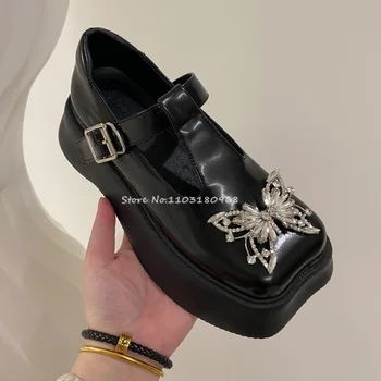 Туфли Mary Jane в стиле ретро, стразы, бабочка, 2023, Женские туфли-лодочки на платформе с ремешком на щиколотке и пряжкой, кожаные туфли в стиле милой Лолиты с квадратным носком,