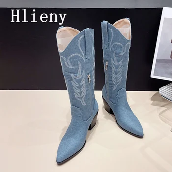 Hlieny/ Новые дизайнерские сапоги до колена в западном стиле, Женские вечерние модельные туфли на низком каблуке с острым носком, Летние Осенне-зимние женские пинетки