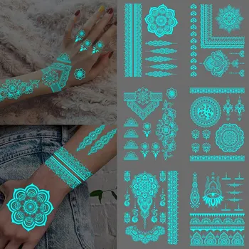 6 шт. Синяя светящаяся татуировка, Белая хна, Мандала, водонепроницаемая временная татуировка, абстрактное цветочное кружево, поддельные татуировки, женская рука