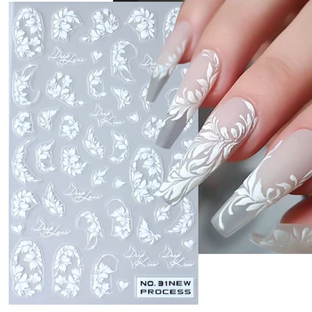 Белые кружевные наклейки в виде цветов для ногтей, свадебный дизайн, Клейкие наклейки из листьев и перьев, гель-лак для ногтей, декор для ногтей LANO
