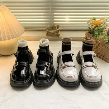 2023 Бабочка Металлическая Обувь Mary Janes С Открытым Носком На платформе Черно-Белая Универсальная Униформа Студентки Jk Small Leather 