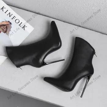 Размер 34-48, пикантная обувь на высоком каблуке 12 см, женские черные пикантные ботильоны с острым носком, осенние модельные туфли