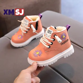 Ботинки для маленьких детей, зимние теплые детские короткие ботинки из искусственной кожи с цветочным рисунком, высотой по щиколотку, 21-30 лет, модная противоскользящая обувь для мальчиков и девочек