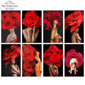 5D DIY алмазная вышивка Красная роза Сексуальная девушка Алмазная живопись Полный квадратный круглый бриллиантовый цветок Женский портрет Подарок для домашнего декора