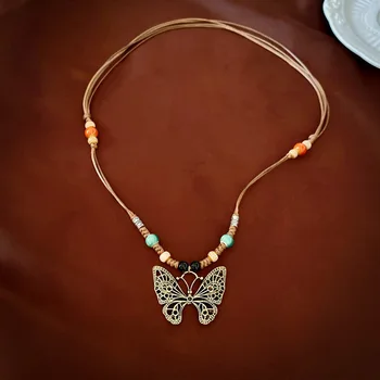 Винтажное потертое ожерелье из плетеной веревки с бабочкой в этническом стиле, свитер, ожерелье с цепочкой на ключицы, женское ожерелье