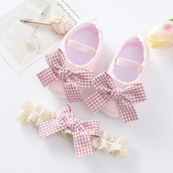 Комплект обуви для маленьких девочек + повязки на голову, первые ходунки, Мягкая обувь для малышей, Ходунки для малышей, повседневная обувь принцессы с бантом