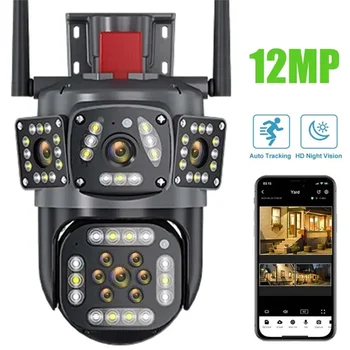 Камера безопасности 6K 12MP, беспроводная уличная IP-камера с тремя экранами, защита дома, автоматическое отслеживание, видеонаблюдение