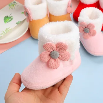 Милые Зимние Детские сапоги с цветочным рисунком, 7 цветов, теплые пуховые шарики, хлопковая Мягкая резиновая подошва, обувь для новорожденных малышей, Детская обувь для малышей