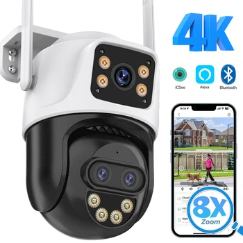 4K HD Трехобъективная Двухэкранная WiFi PTZ-Камера 9MP С 8-Кратным Зумом 4MP IP-Камера Безопасности С Автоматическим Отслеживанием Водонепроницаемого Наблюдения iCSee
